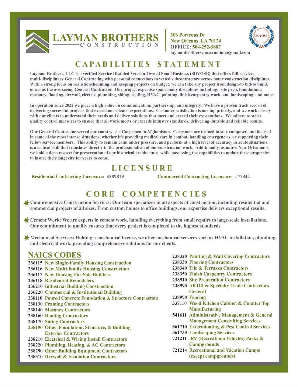 Layman Brothers Construction capability statement one-pager